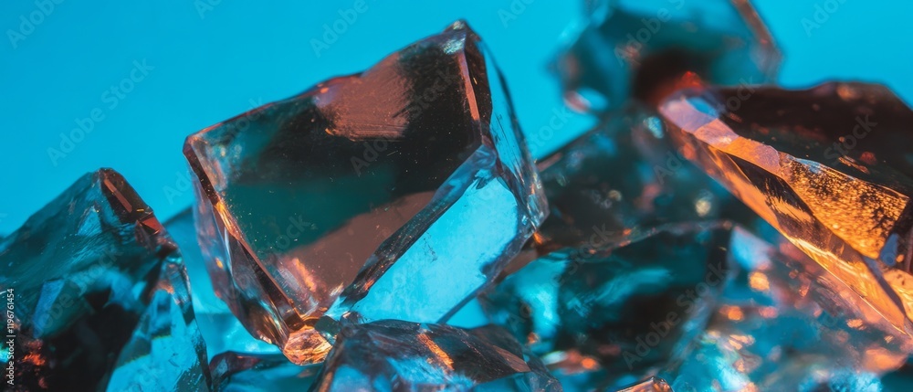 Aufkleber Glass shards with sharp edges reflecting light in vibrant colors on a blue background
