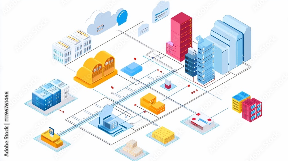 Poster network infrastructure isometric illustration: a visual representation of interconnected cloud serve