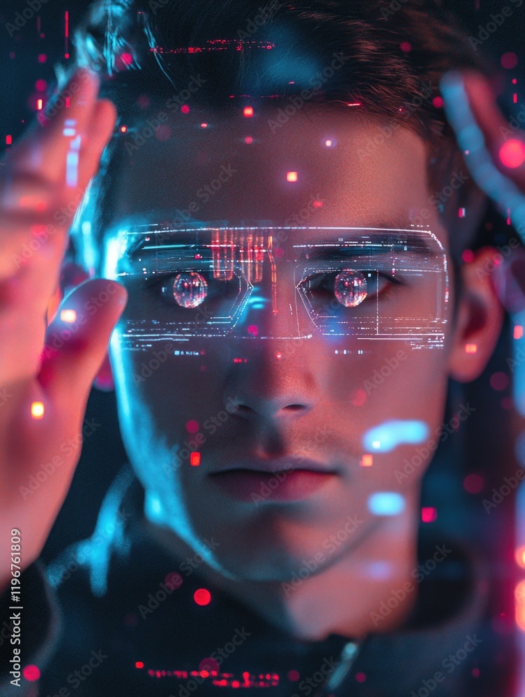 Poster a man in a futuristic setting, featuring advanced virtual reality and augmented reality elements.