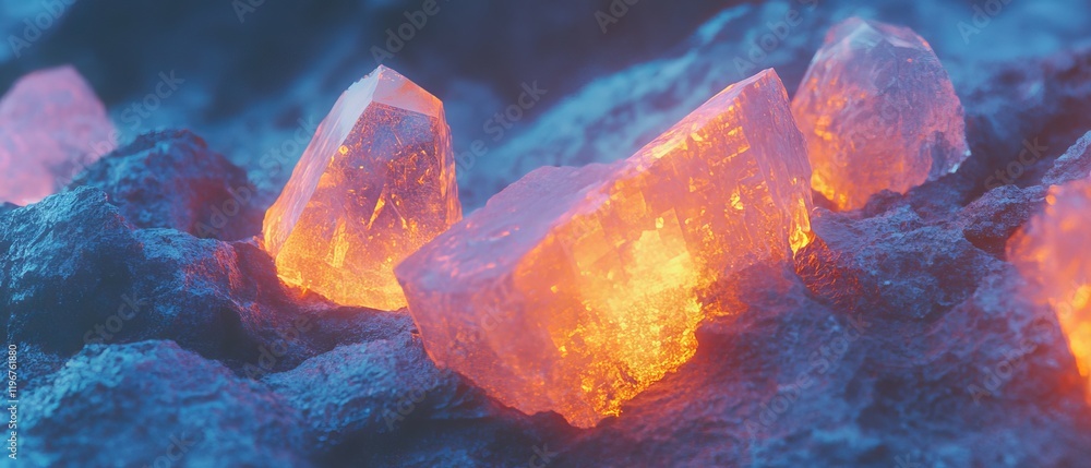 Poster glowing crystals embedded in dark rock refract light beautifully in a mystical underground setting