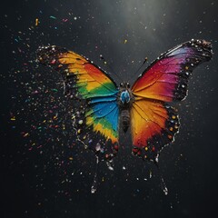 A butterfly with wings splattered in random rainbow paint drops.