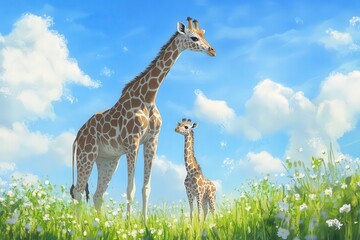 Obraz premium A baby giraffe standing next to its mother in a grassy meadow