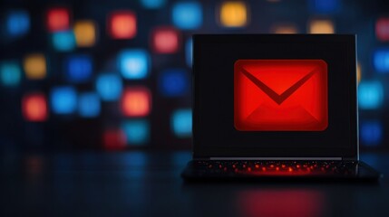 A glowing red envelope icon on a laptop screen, with colorful blurred lights in the background, suggesting themes of communication and technology.