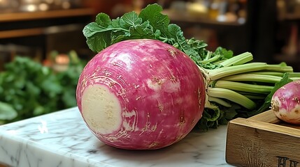 Three purple turnips sit on a white surface with green leafy tops behind them. 
