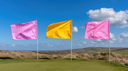 Colorful flags on golf course, coastal view, sunny day, outdoor advertising