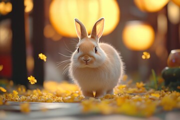 Adorable bunny in a beautiful autumn forest at sunset.