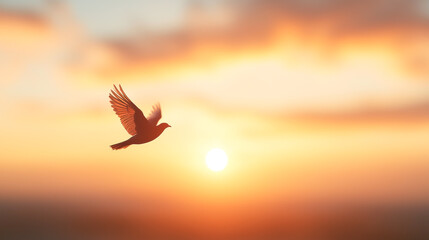 A bird soaring gracefully against a vibrant sunset sky, symbolizing freedom and peace.