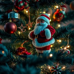 Obraz premium Santa Claus ornament on a Christmas tree with lights and decorations.