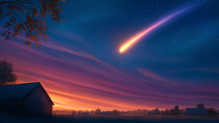 A breathtaking sky at dusk with a comet and colorful clouds over a rustic barn.