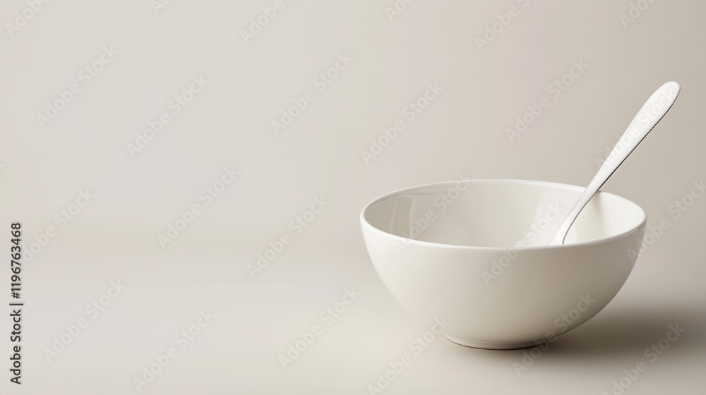 Poster minimalist white bowl with spoon on light background perfect for showcasing recipes or dining concep