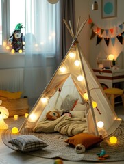 Child's bedroom with a teepee tent and a stuffed animal. The room is decorated with lights and banners, creating a cozy and playful atmosphere