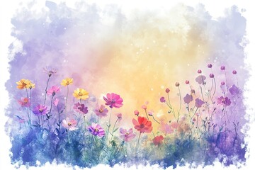Vibrant Watercolor Cosmos Flowers in a Summer Meadow