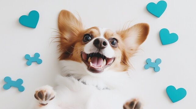 A playful Corgi lying on its back surrounded by blue heart and bone shapes. The vibrant white background highlights the dog’s joyful expression, creating a fun and energetic vibe