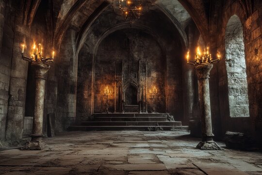 Gothic dark castle hall with throne and torches.