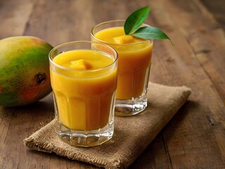 Fototapeta premium Fresh tropical fruit smoothie mango juice on wooden background with leaves and fruits. 