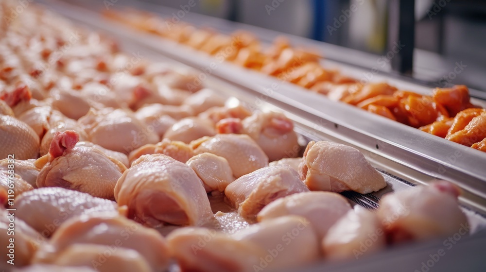 Poster chickens in a processing line at a meat factory. the image captures the beginning of the cooking pro