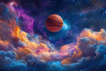 Imaginative Basketball Floating Amidst a Cosmic Landscape of Colorful Nebulae and Clouds in a Starry Night Sky
