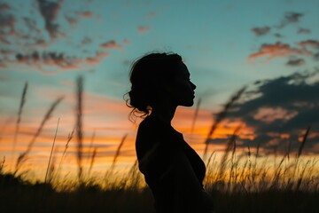 Silhouette of a Woman Against a Colorful Sunset Sky with Gentle Clouds and Tall Grass in the Foreground Captures a Moment of Reflection and Serenity in Nature