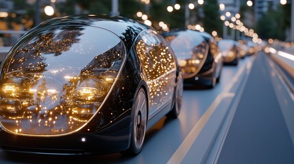 A row of autonomous electric cars with reflective glass exteriors and glowing lights, driving on a...