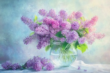 A Vibrant Bouquet of Lilacs in a Glass Vase