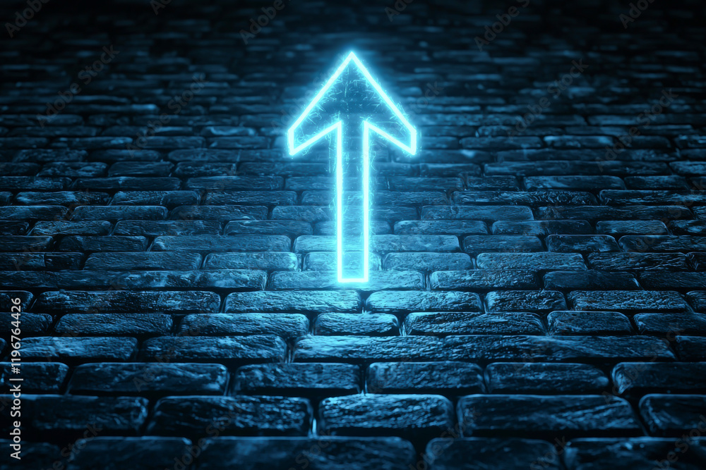 Poster a glowing blue arrow on a dark cobblestone background, symbolizing direction and progress.