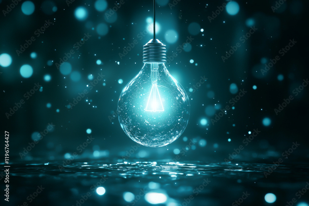 Poster a glowing blue light bulb illuminated in a dark setting with shimmering particles.
