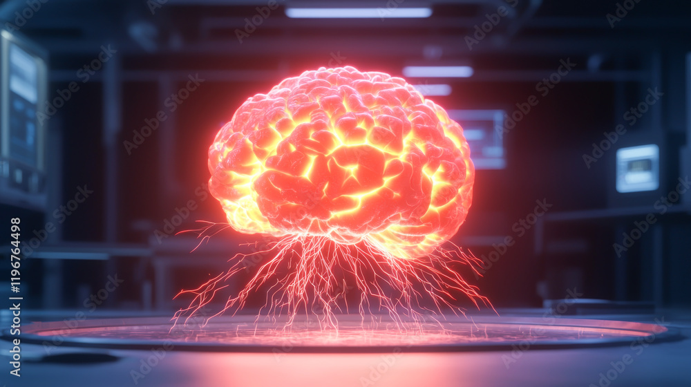 Poster a glowing brain representing advanced technology and artificial intelligence.