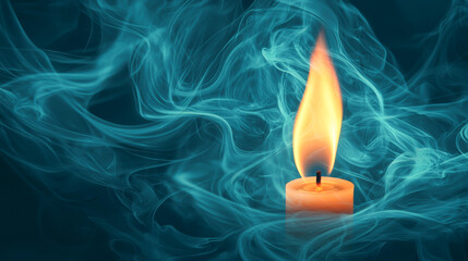 A glowing candle flame surrounded by ethereal smoke, creating a serene atmosphere.