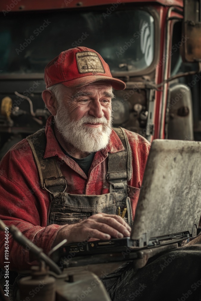 Poster this image depicts a man who appears to be a mechanic working on the laptop. the setting is likely i