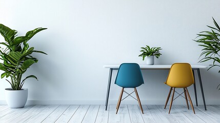 Minimalist room interior with table, chairs, and plants.