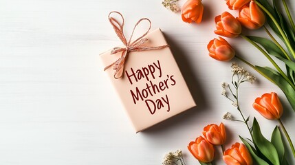 A beautifully wrapped Mother's Day gift with a soft peach-colored wrapping, tied with an elegant twine bow, surrounded by vibrant orange tulips