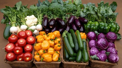 Colorful organic vegetables in baskets at farmers market.  Healthy eating