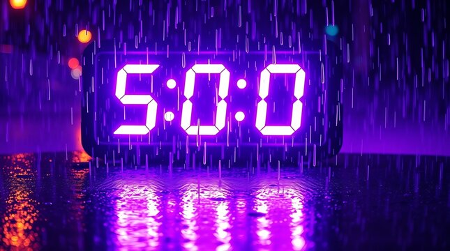 Digital clock showing 500 AM in rain.