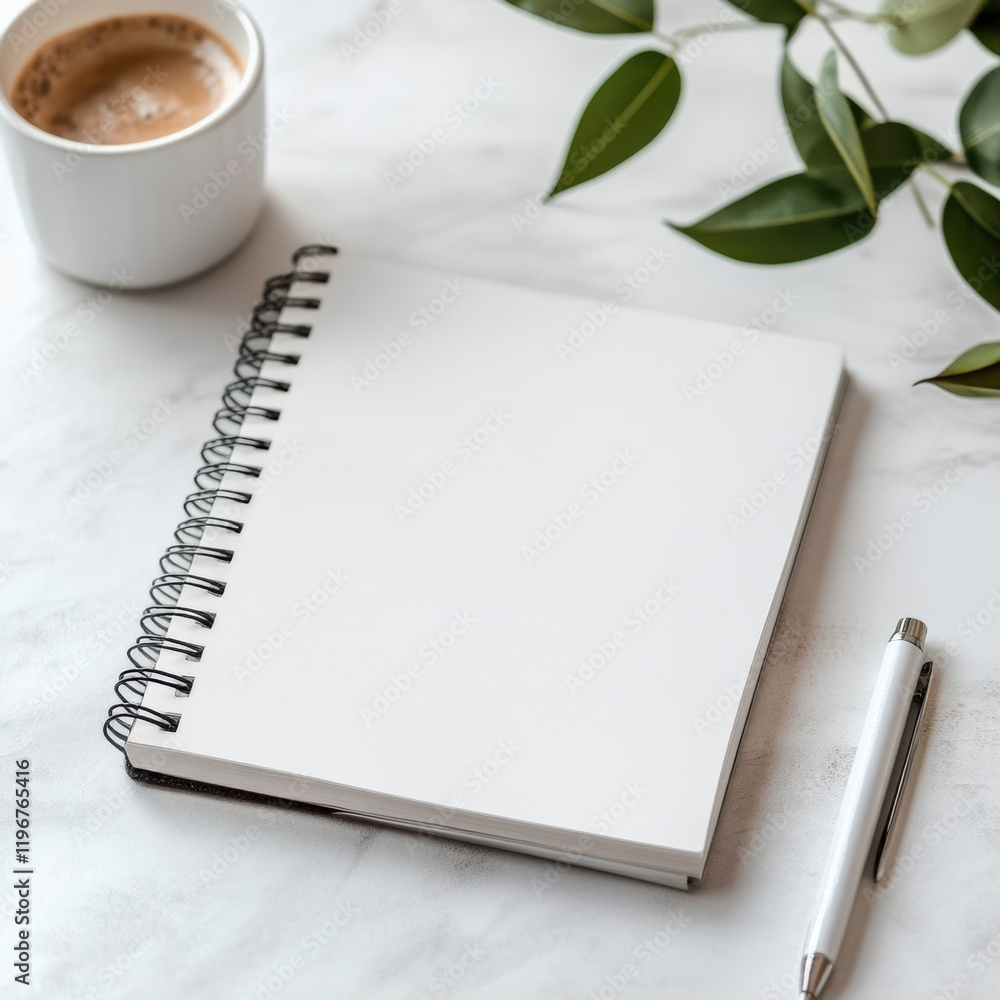 Leinwandbilder creative workspace with blank notebook and coffee cup for brainstorming ideas. generative ai