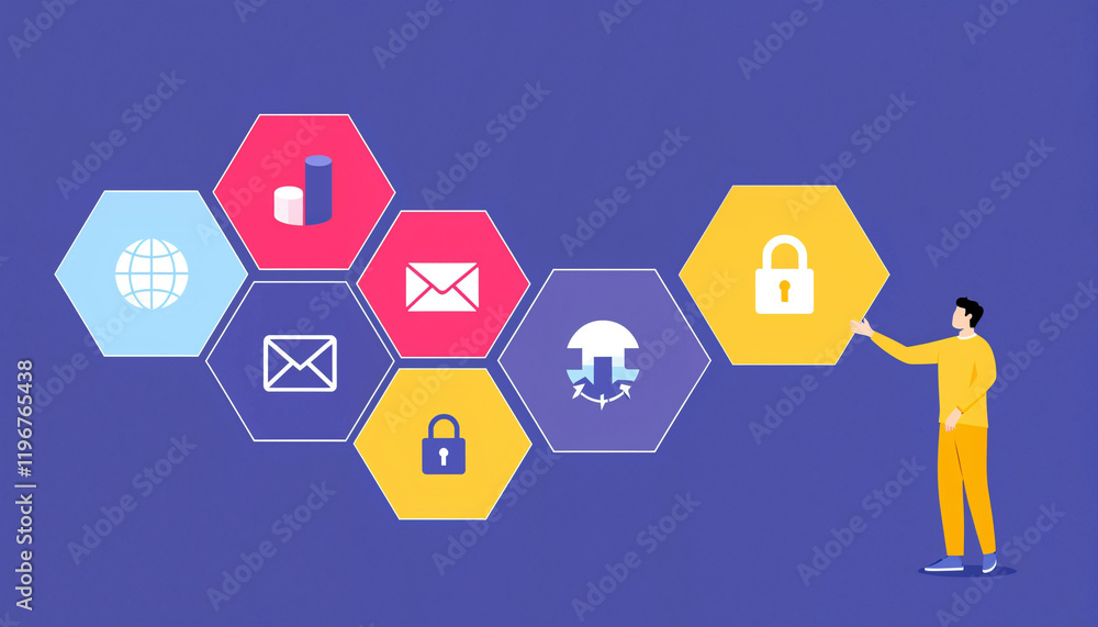Poster innovative digital security concepts illustrated with colorful hexagons showing data protection and 
