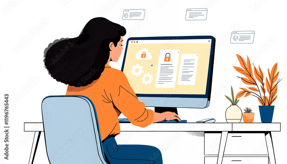 Aufkleber working on digital security tasks at home during the day while managing online data protection