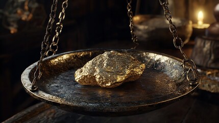 Weighing a Gold Nugget on an Old Brass Scale Dish