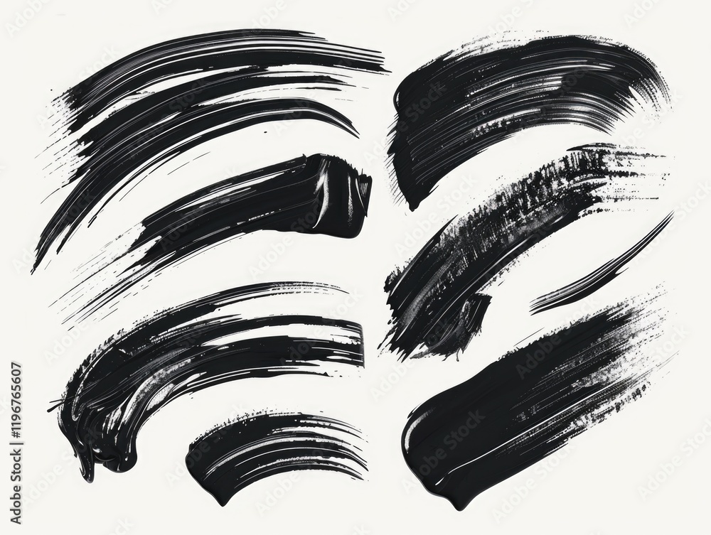 Poster collection of black brush strokes, some of which are thick and others thin. the brush strokes vary i
