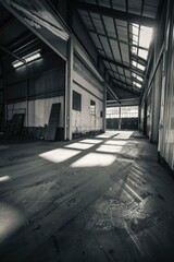 Fototapeta premium Empty industrial warehouse with high ceiling and windows.