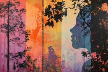 Abstract collage: profile, trees, foliage, vibrant hues.