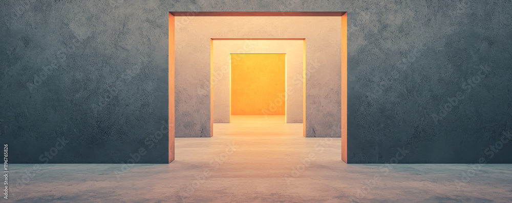 Poster a modern architectural space with multiple doorways and warm lighting, creating depth.