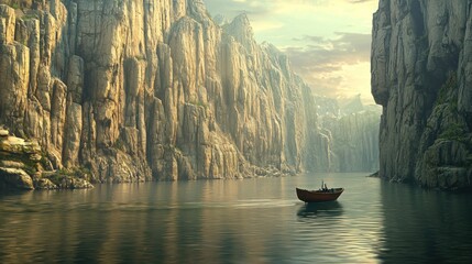 Fototapeta premium Serene landscape with a small boat navigating a tranquil waterway.