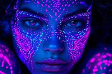 Futuristic retro style portrait of a young woman, 80s inspired cyberpunk aesthetic, deep shadows, vibrant neon lights illuminating her face, intricate glowing patterns in the background. Mysterious 