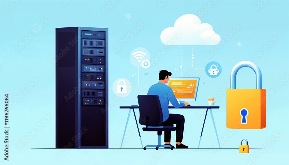 Poster businessman working on a computer in a modern office environment focusing on data security and cloud