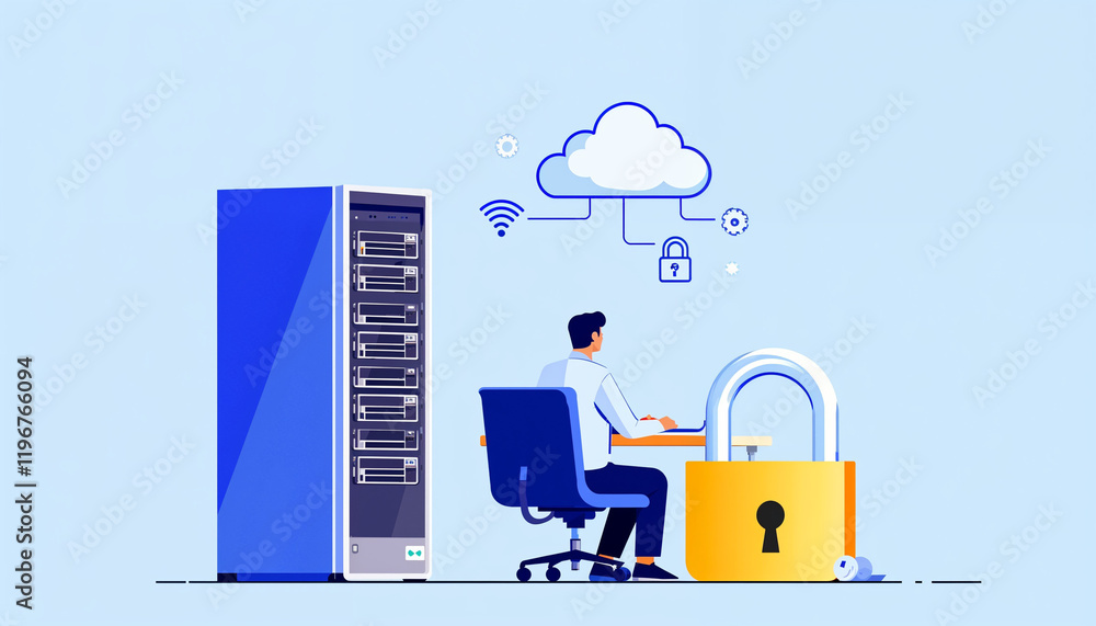 Poster professional working on data security and cloud technology while seated at a desk in a modern office