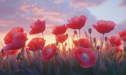 Obraz premium Bright beautiful flowers of red poppies in field in evening lighting against backdrop on sky. Scarlet poppies glow at sunset in nature close-up.