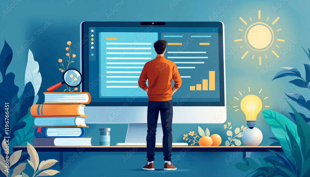 Poster young man analyzing data on a computer screen with books and plants in a bright workspace