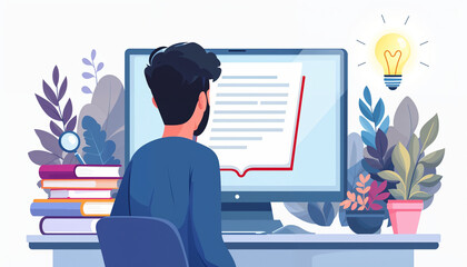 Student engaged in online study session with computer and books in cozy workspace surrounded by plants