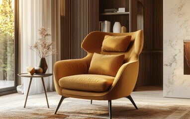 A cozy armchair with a high back and oversized cushions, in a warm mustard color, set on a soft area rug
