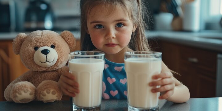 Toddler enjoying a healthy breakfast with fresh milk and a soft toy bear. A home-made feel to the scene.